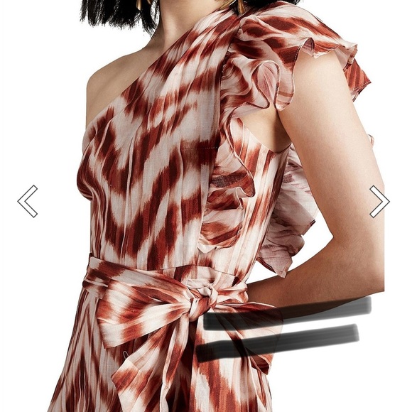 Banana Republic 100% Linen One Shoulder Zebra Brown Cream Mini Dress Size 2P - Picture 3 of 12